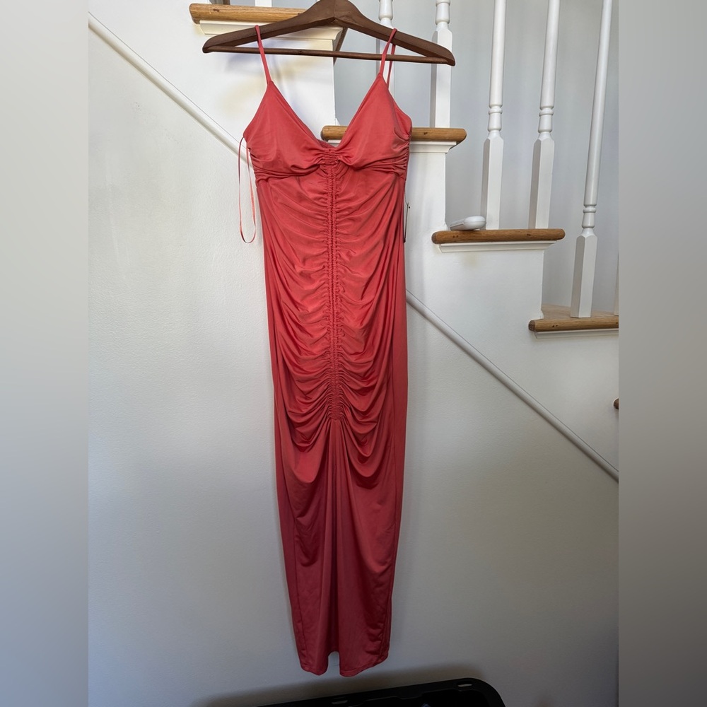 Express Coral Backless Ruched Dress